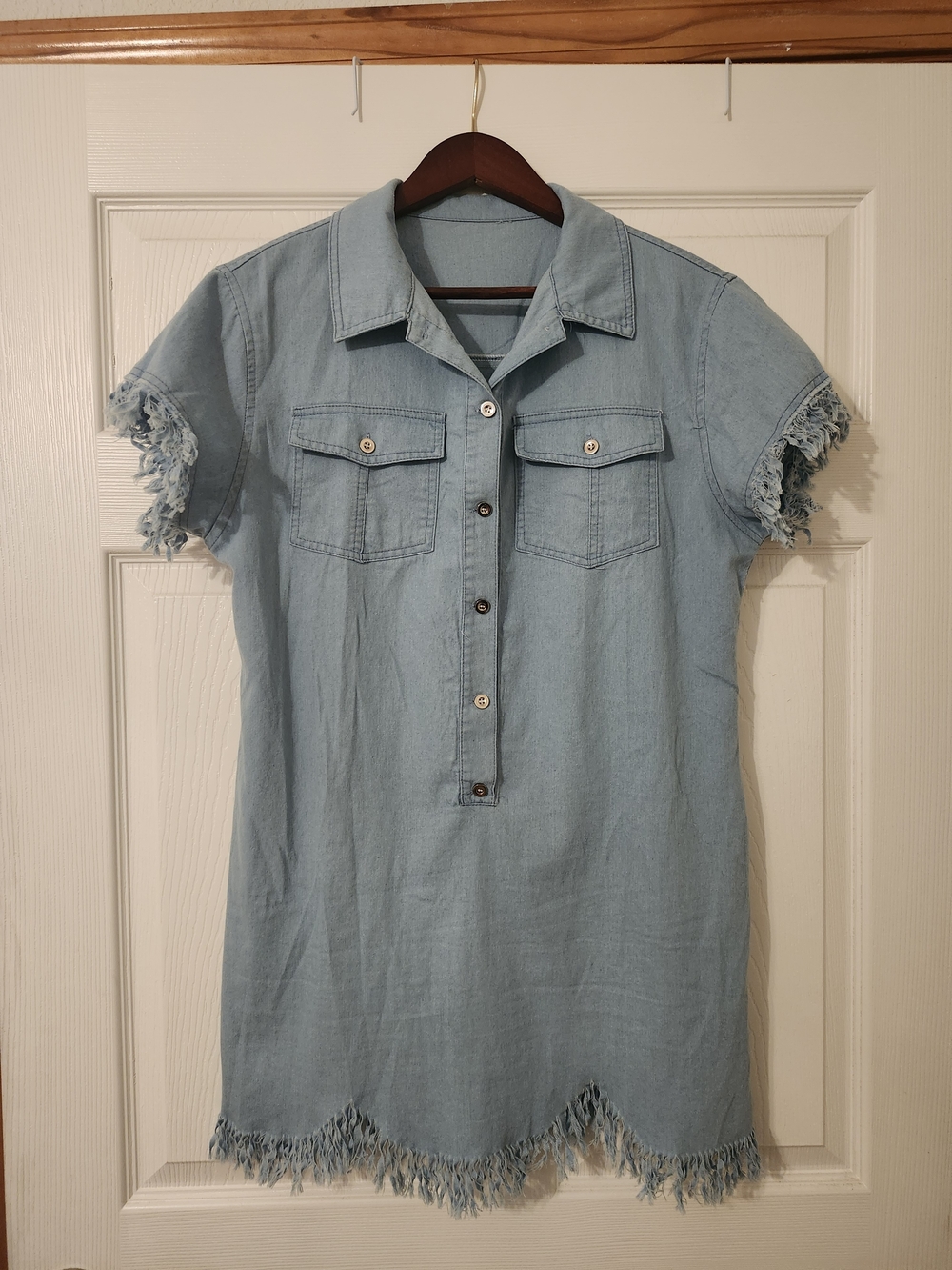 Light Blue Frayed Denim Shirt Dress